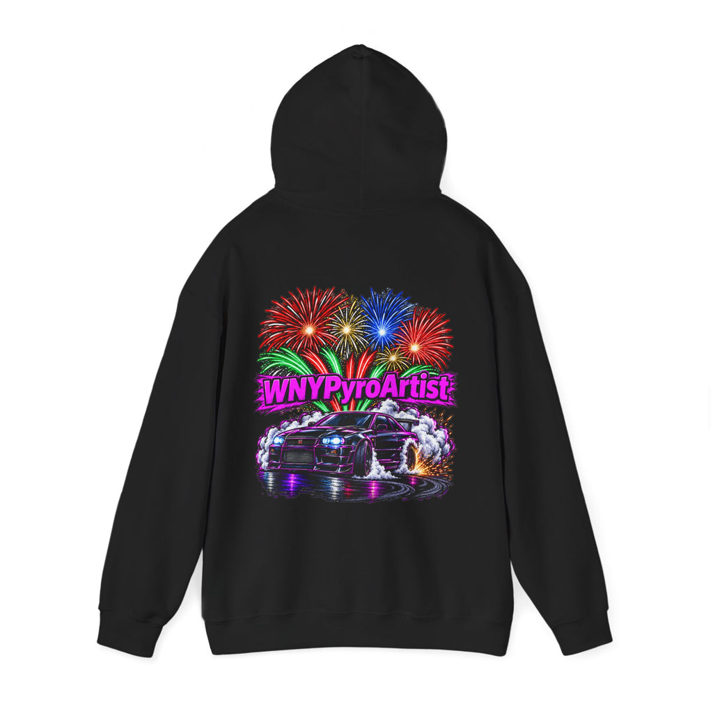 Hooded Sweatshirt WNYPyroArtist Car and Fireworks Front & Back
