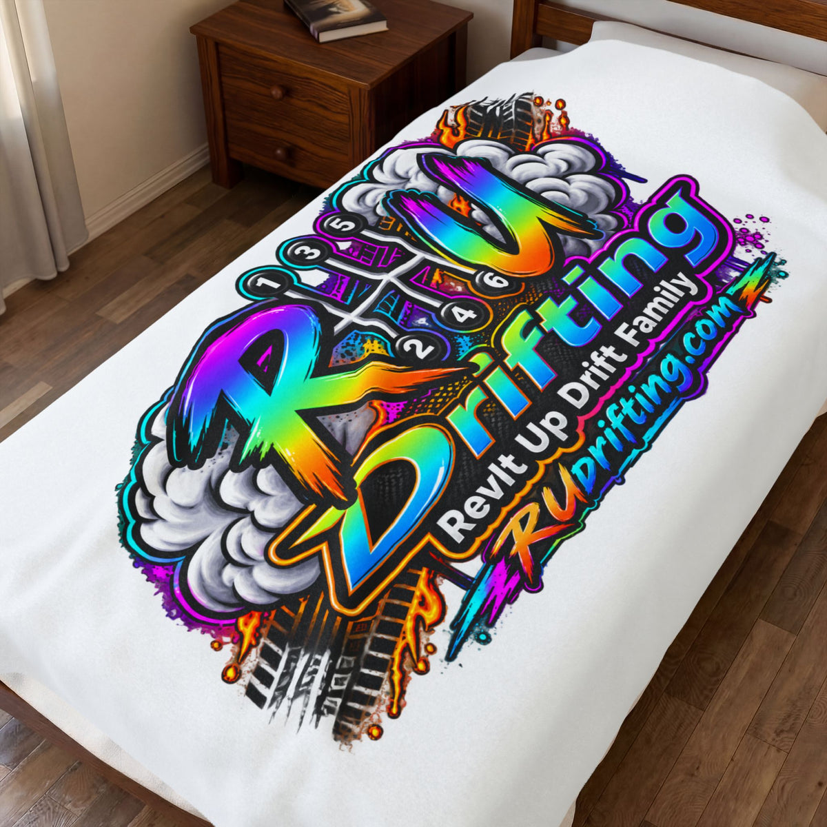 Velveteen Blanket — Retro Neon "RU drifting" Logo Plush Throw