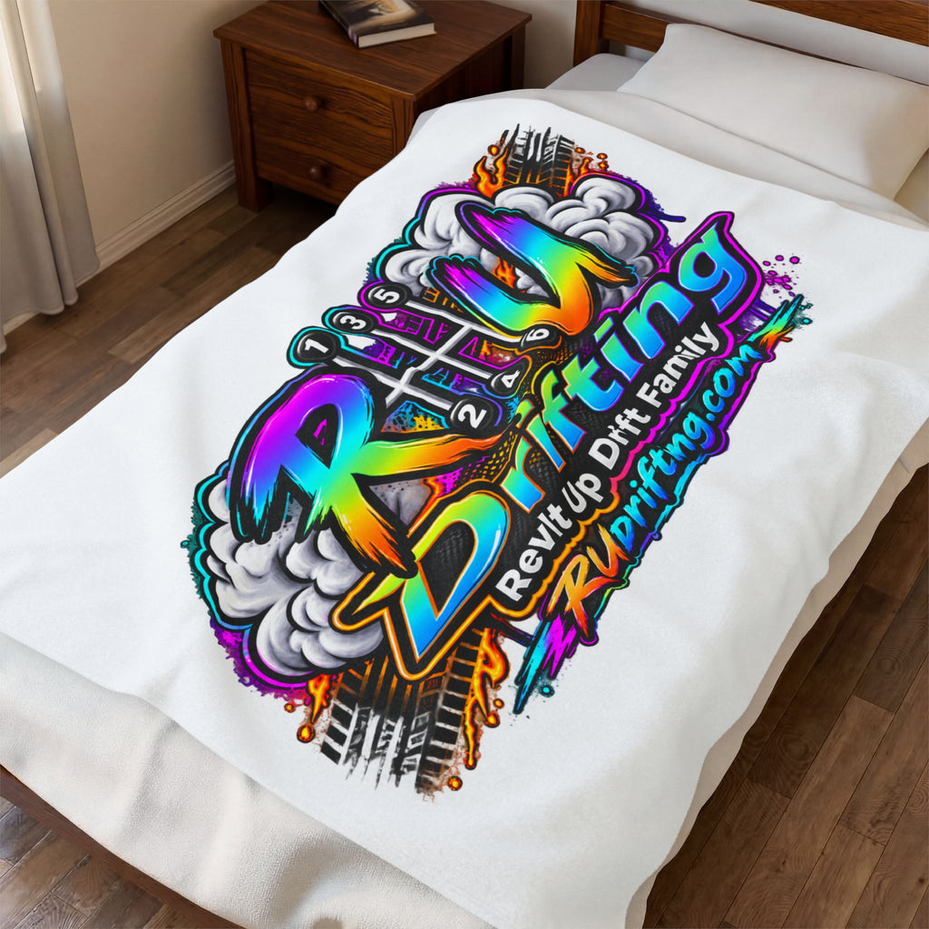 Velveteen Blanket — Retro Neon "RU drifting" Logo Plush Throw