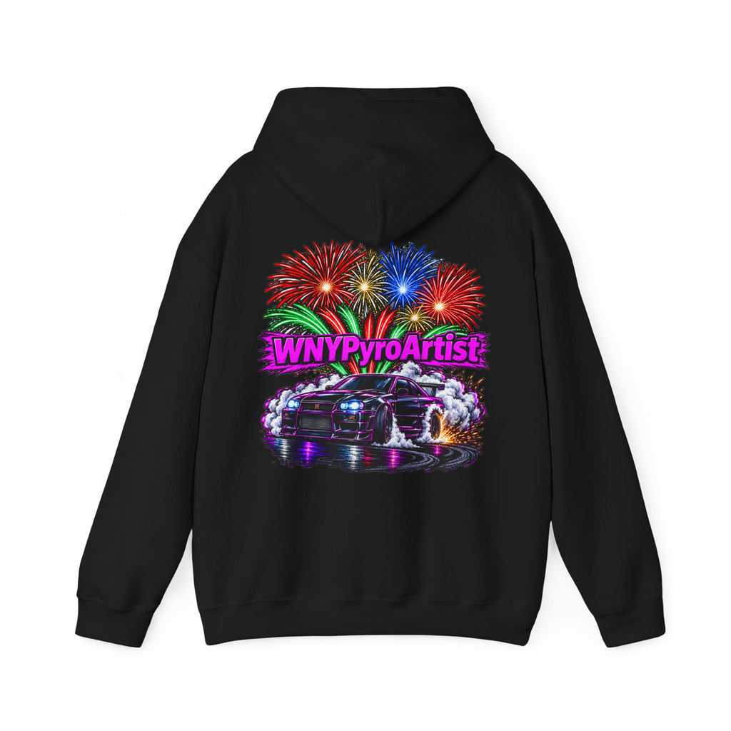 Hooded Sweatshirt WNYPyroArtist Car and Fireworks Front & Back