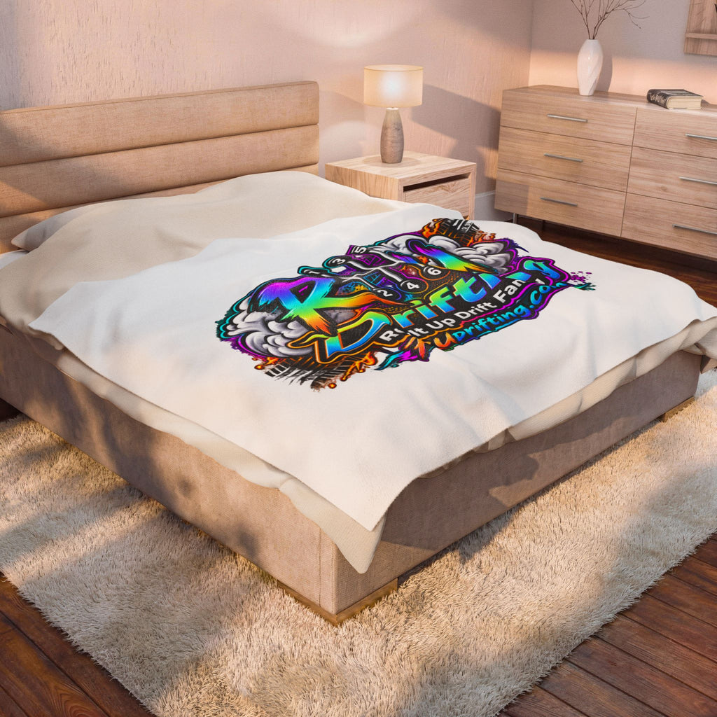 Velveteen Blanket — Retro Neon "RU drifting" Logo Plush Throw