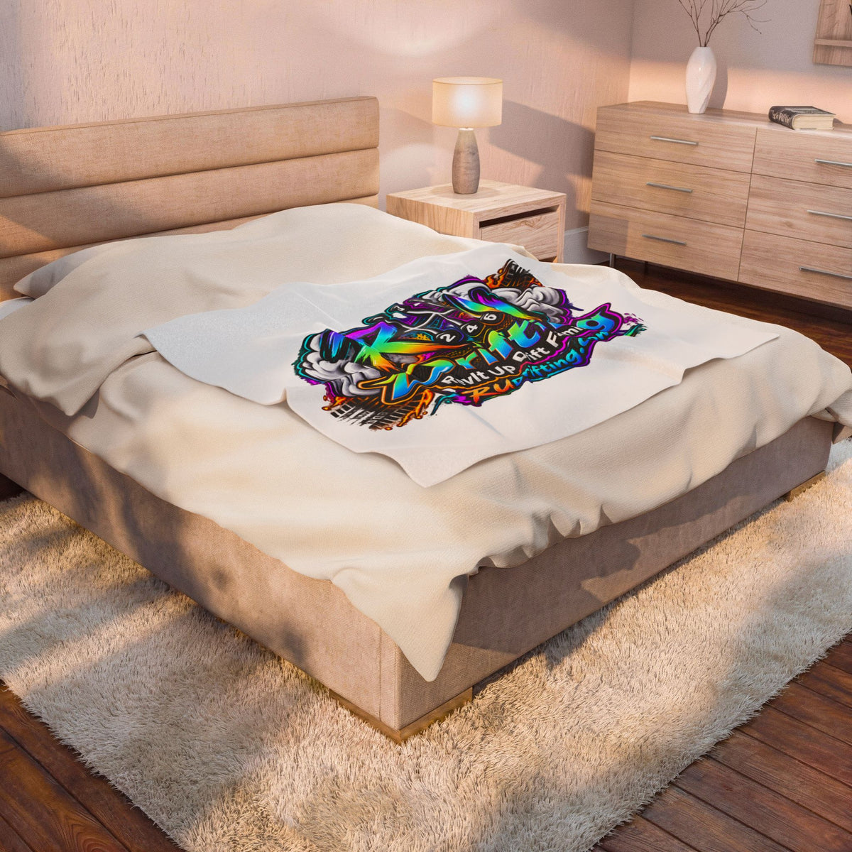 Velveteen Blanket — Retro Neon "RU drifting" Logo Plush Throw