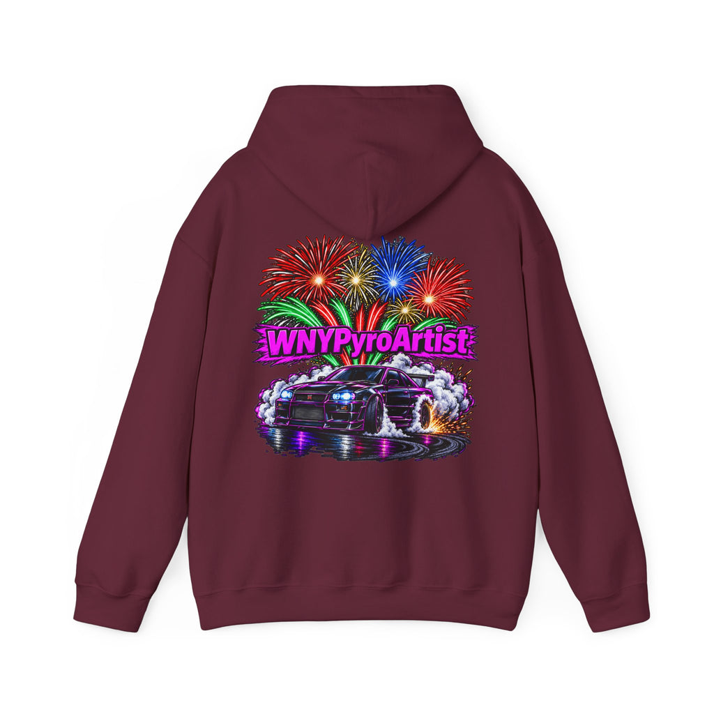 Hooded Sweatshirt WNYPyroArtist Car and Fireworks Front & Back