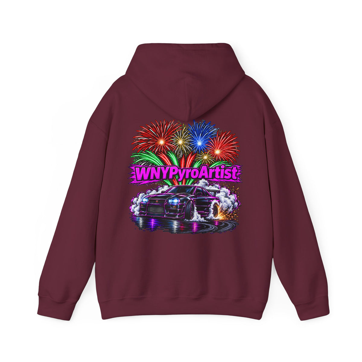 Hooded Sweatshirt WNYPyroArtist Car and Fireworks Front & Back
